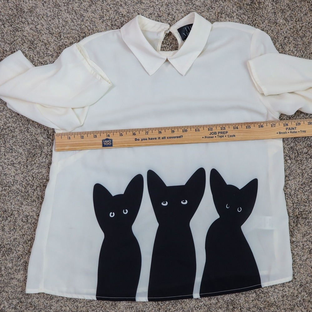 The Moon Cream Long Sleeve Chiffon Blouse Black Cat Print Collar Top Women's S - Picture 5 of 12